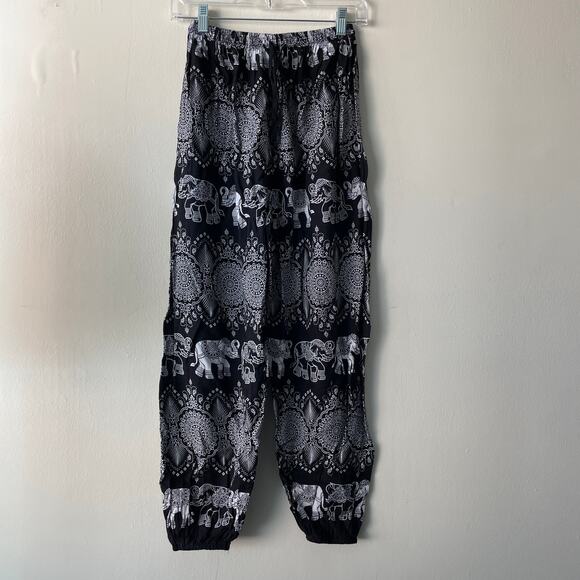 Bamboo House Black & White Drawstring Elephant & Paisley Print Harem Pants - Picture 4 of 10